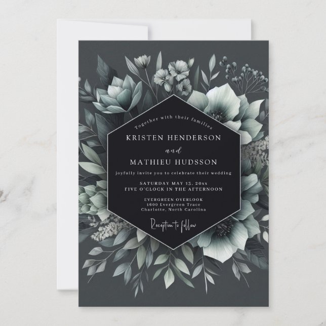 Convite Casamento Floral Dramático em Ardósia (Frente)