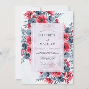 Convite Casamento Floral Dramático em Azul Ardósia Vermelh