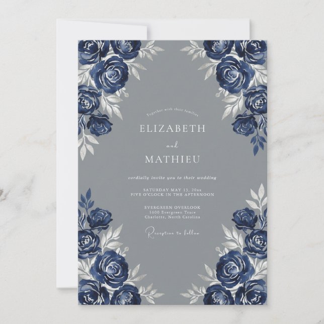 Convite Casamento Floral Dramático Índigo (Frente)