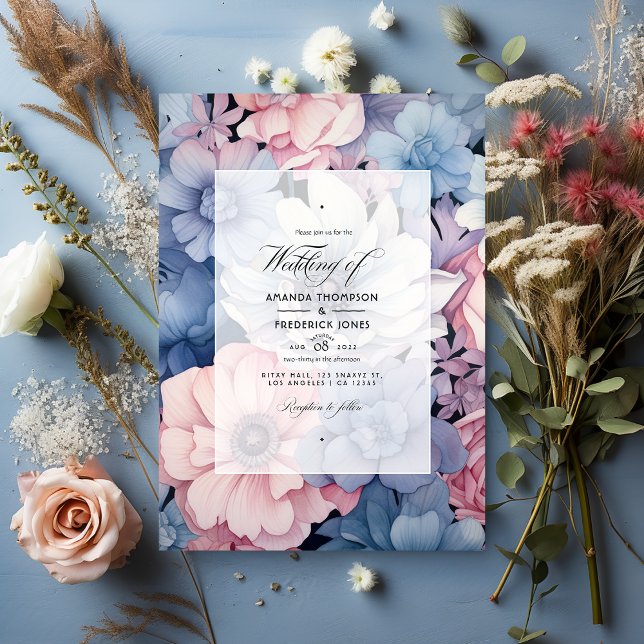 Convite Casamento Floral Dusty Blue, Blush Pink e Silver (Criador carregado)