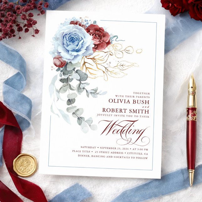 Convite Casamento Floral Dusty Blue & Burgundy Red Boho (Dusty Blue and Burgundy Red Botanical Floral Chic Wedding Invitations)