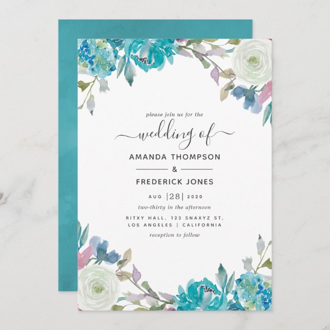 Convite Casamento Floral Dusty Blue e Turquoise (Frente/Verso)