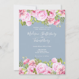 Convite Casamento Floral Dusty Blue Pink Peony Greenery