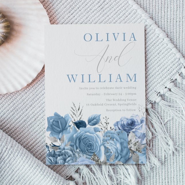 Convite Casamento Floral Dusty Blue Sky-Blue (Criador carregado)