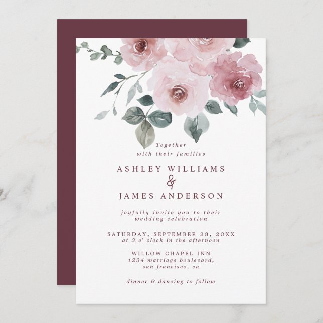 Convite Casamento Floral Dusty Rosa Rosa Burgundy (Frente/Verso)
