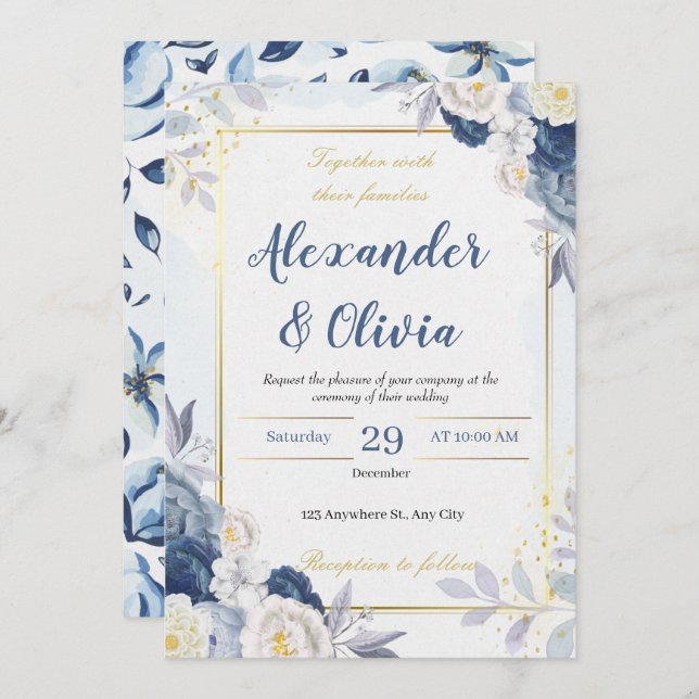 Convite casamento floral e azul outono elegante (Frente/Verso)