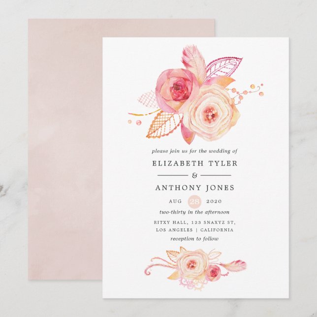 Convite Casamento Floral e de Renda Pastel Bege (Frente/Verso)