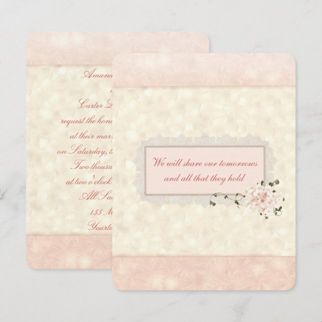 Convite Casamento Floral e de Renda Pêssego (Frente/Verso)