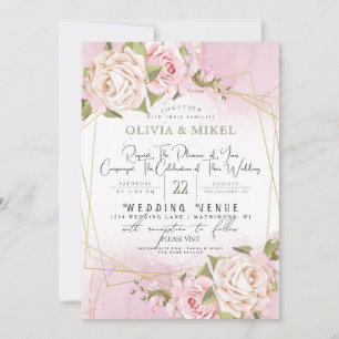 CONVITE CASAMENTO FLORAL E DOURADO DE QUADRO DE ÁGUA DE PI