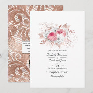 Convite Casamento Floral e Renda em Rosa e Dourado Rosa co