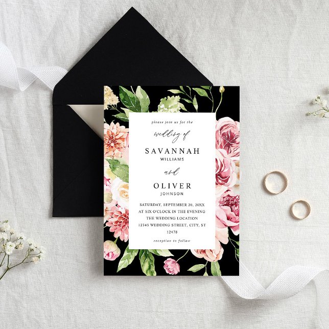 Convite Casamento Floral e Verde Rosa e Pêssego - Preto (Criador carregado)