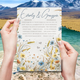 Convite Casamento Floral Elegância Amarela e Azul Aquarela