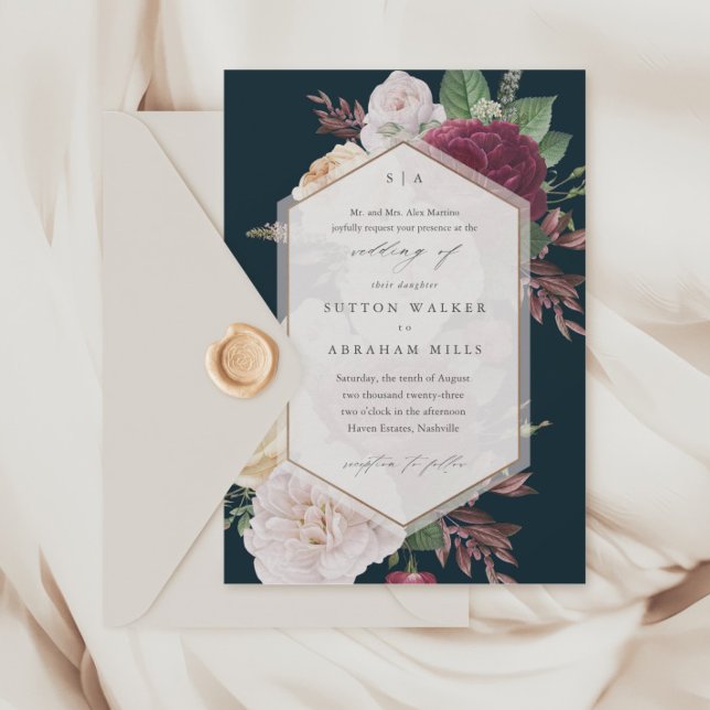 Convite Casamento Floral Elegante (Vintage floral bouquet navy blue wedding invitations.)