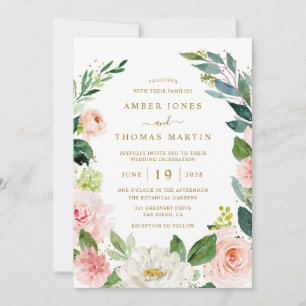Convite Casamento Floral Elegante Aquarela Dourado
