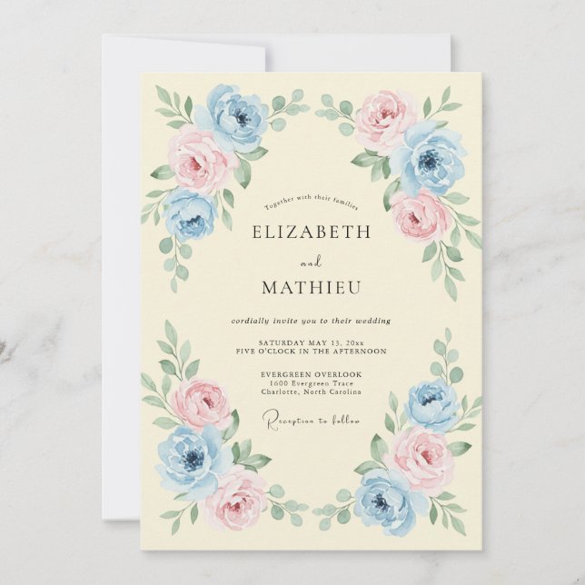 Convite Casamento Floral Elegante Azul Céu (Frente)