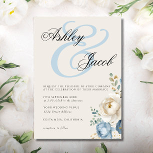 Convite Casamento Floral Elegante Azul e Creme Elegante