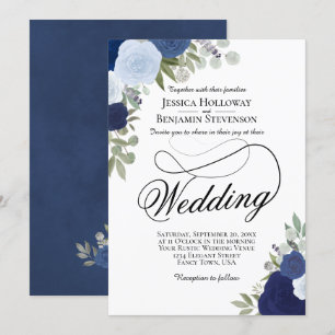 Convite Casamento Floral Elegante Azul e Marinho Russo I