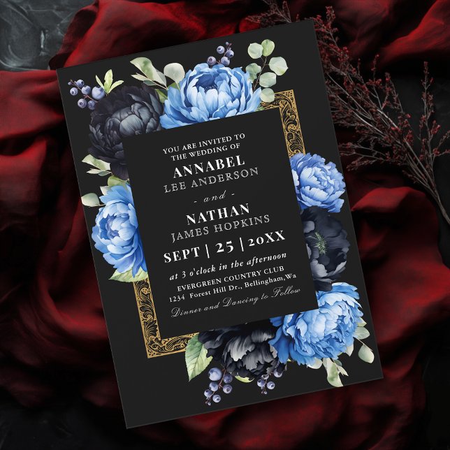 Convite Casamento Floral Elegante Azul e Negro (Criador carregado)