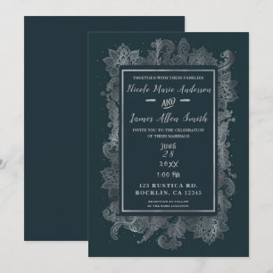 Convite Casamento Floral Elegante Azul e Prata Rústico Neb