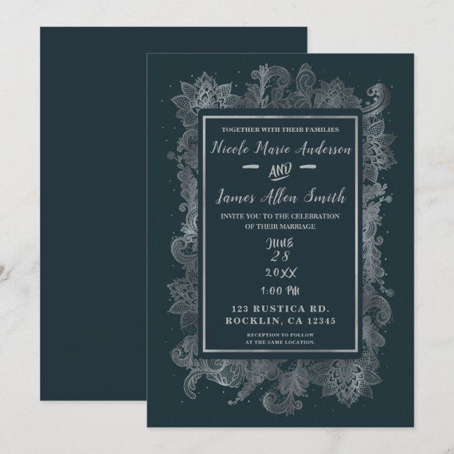 Convite Casamento Floral Elegante Azul e Prata Rústico Neb (Frente/Verso)