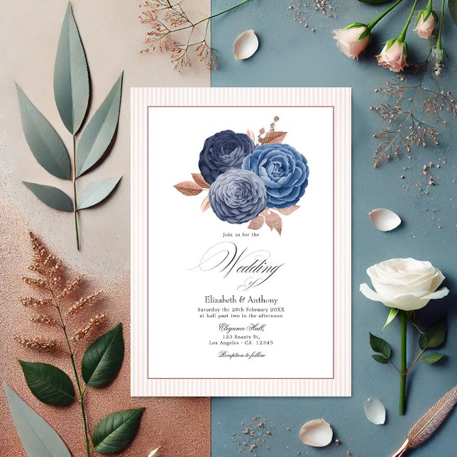 Convite Casamento Floral Elegante Azul e Rosa Dourado (Elegant Dusty Blue and Rose Gold Floral Wedding Invitation)