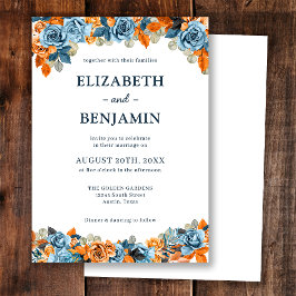 Convite Casamento Floral Elegante Azul Ferrugem Terracota 