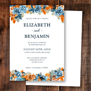 Convite Casamento Floral Elegante Azul Ferrugem Terracota