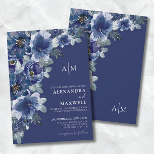 Convite Casamento Floral Elegante Azul Marinho