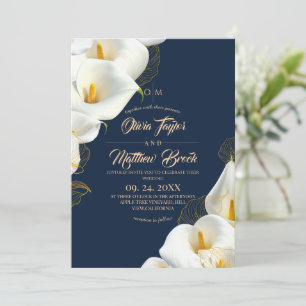 Convite Casamento Floral Elegante Azul-Marinho Moderno Fot
