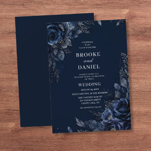 Convite Casamento Floral Elegante Azul Naval com Brilho Pr