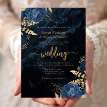 Casamento Floral Elegante Azul Naval Dourado