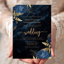 Convite Casamento Floral Elegante Azul Naval Dourado