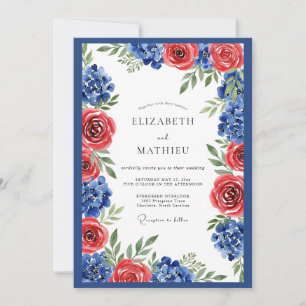 Convite Casamento Floral Elegante Azul Real Carmesim