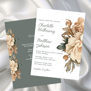 Convite Casamento Floral Elegante Bege com Verde Musgo