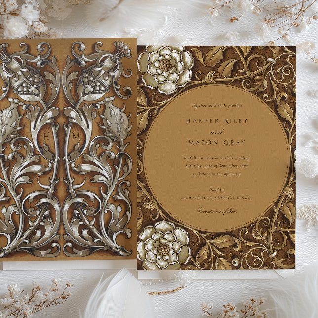 Convite Casamento Floral Elegante Beige Art Nouveau (Criador carregado)