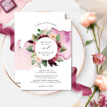 Convite Casamento Floral Elegante Berry Blush e Burgundy<br><div class="desc">Aprecie seus convidados com este belo convite botânico mostrando seus nomes com delicada mancha aquática em cascata atrás de um belo buquê floral com flores em uma bela mistura de morango, burgundy, blush e tons de rosa. Moldura circular com detalhes falsos de ouro rosa. Mancha de aquarela em bagas, borboletas...</div>