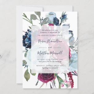 Convite Casamento Floral Elegante Berry e Blue Watercolor