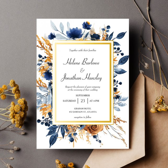 Convite Casamento Floral Elegante Blue Terracotta (Floral Elegant Navy Blue Terracotta Wedding Invitation)