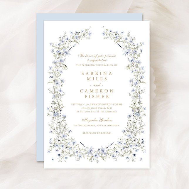 Convite Casamento Floral Elegante Blue Wreath Selvagens (Criador carregado)