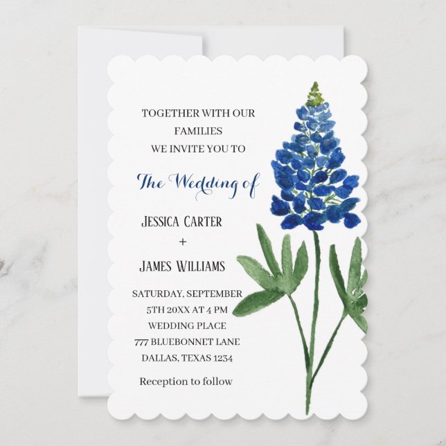 Convite Casamento Floral Elegante Bluebonnet Texas Waterco (Frente)