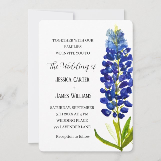 Convite Casamento Floral Elegante Bluebonnet Texas Waterco (Frente)