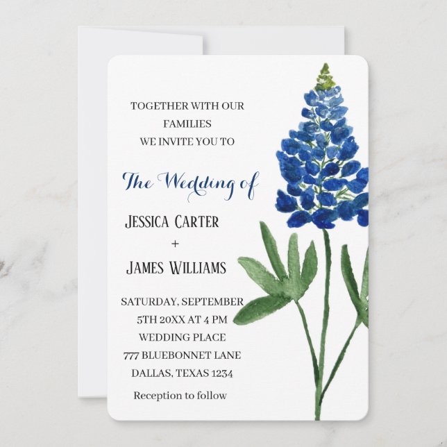 Convite Casamento Floral Elegante Bluebonnet Texas Waterco (Frente)