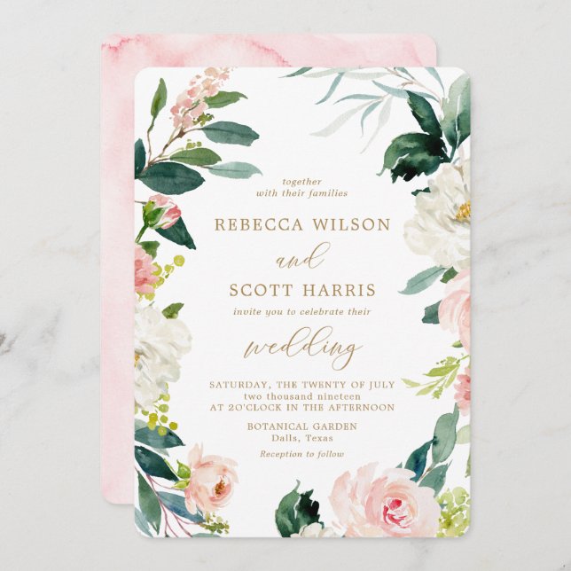 Convite Casamento Floral Elegante Blush e Dourado Watercol (Frente/Verso)