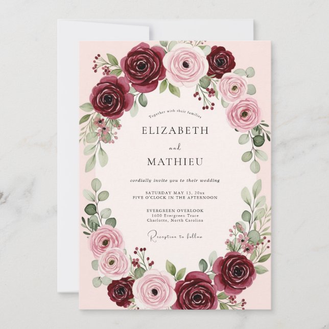 Convite Casamento Floral Elegante Borgonha (Frente)