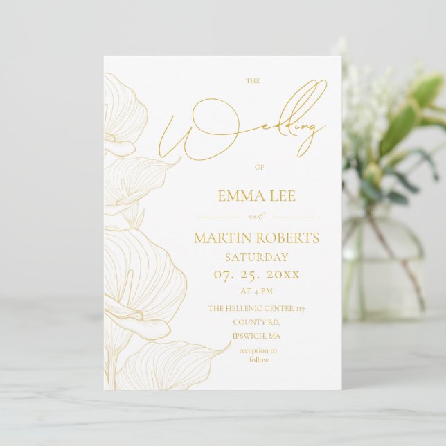 Convite Casamento Floral Elegante Branco e Dourado  (Em pé/Frente)
