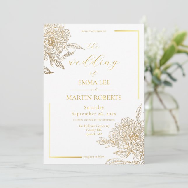 Convite Casamento Floral Elegante Branco e Dourado Devine  (Em pé/Frente)