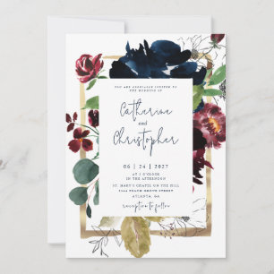 Convite Casamento Floral Elegante Burgundy Azul Naval no J