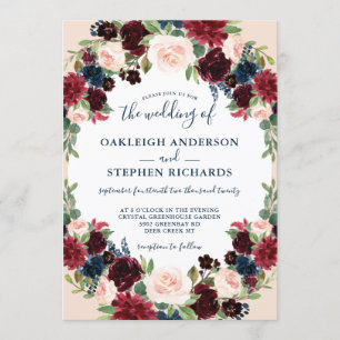 Convite Casamento Floral Elegante Burgundy, Marinho e Rosa