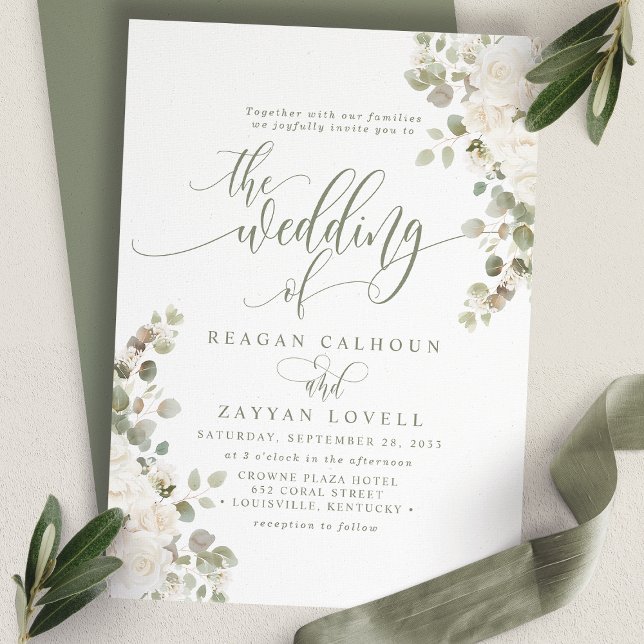 Convite Casamento Floral Elegante Chic Marfim e Sage (Criador carregado)