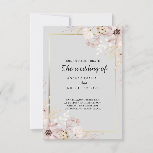 Convite Casamento Floral Elegante Cinza Claro (Frente)